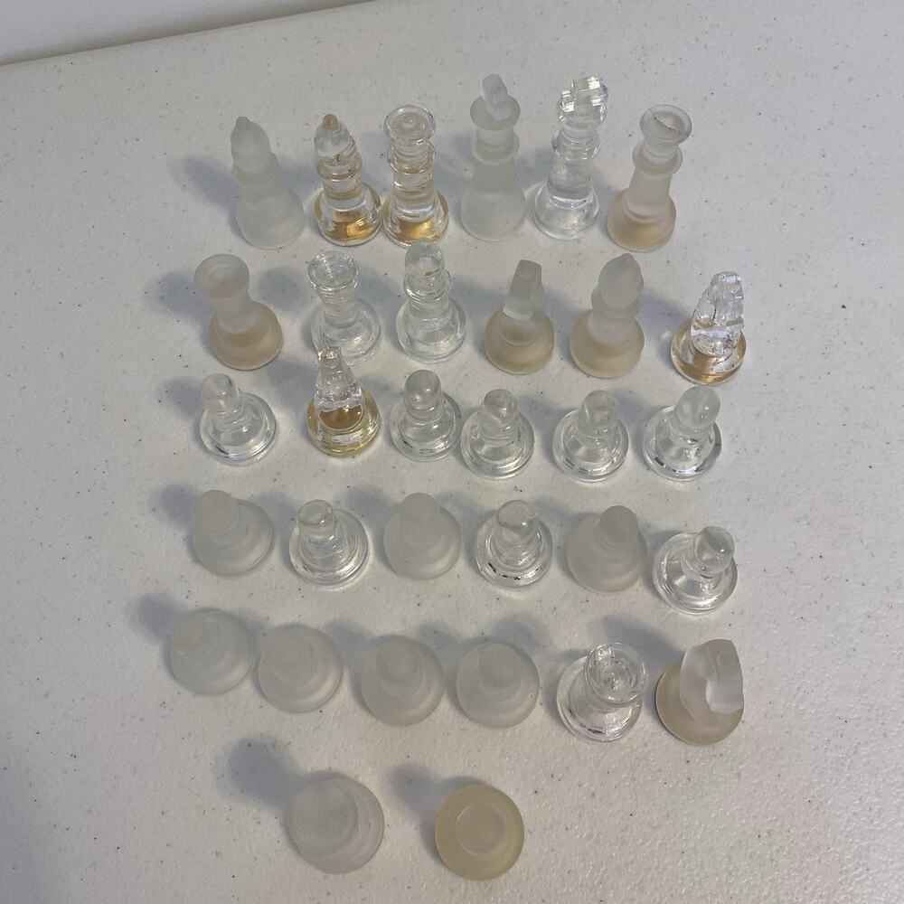Glass Chess Set 32 Pieces Frosted & Clear Pieces With Glass Board No Box